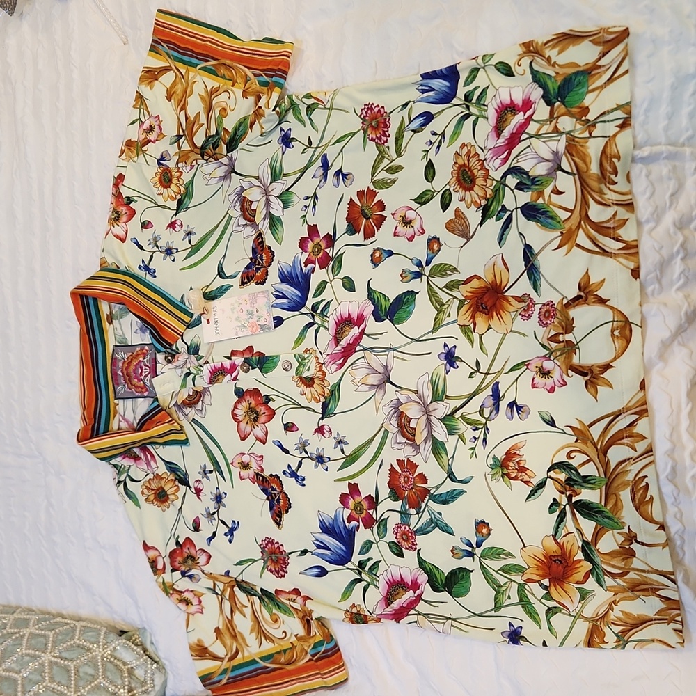 Johnny Was Felix Polo Silky Viscose Striped Collar and Arm Bands Button FrontNWT